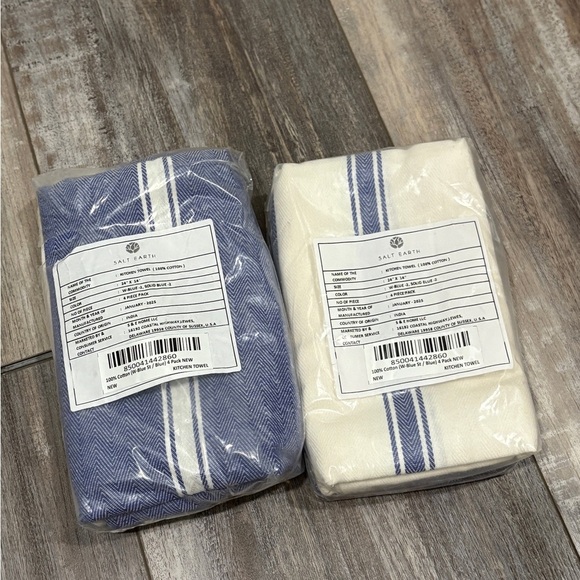 NEW Set 8 Kitchen Towels Salt Earth Cotton Blue White Herringbone - Picture 8 of 8